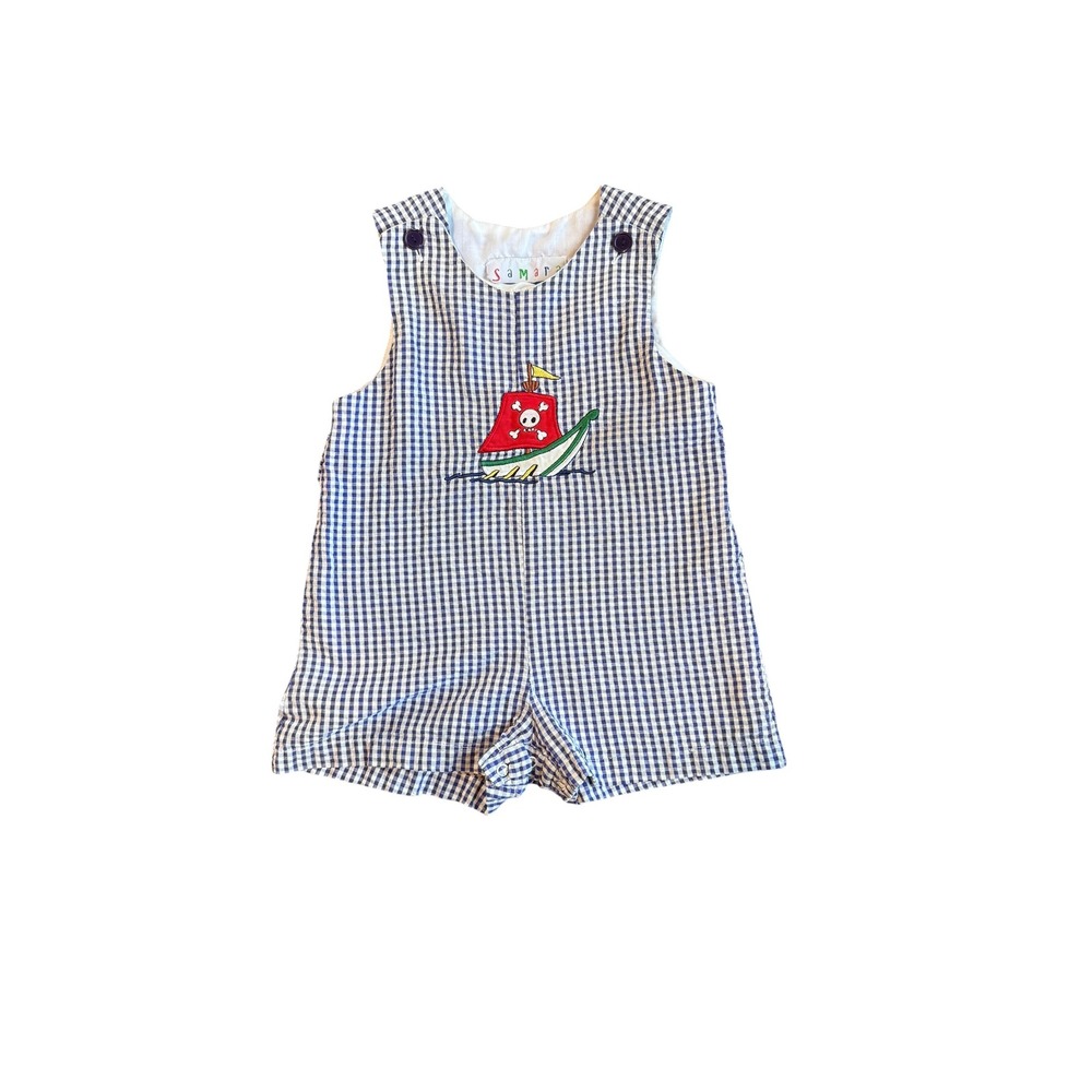 Samara Gingham Pirate Ship Jon Jon Toddler Boys 24M Blue White Romper